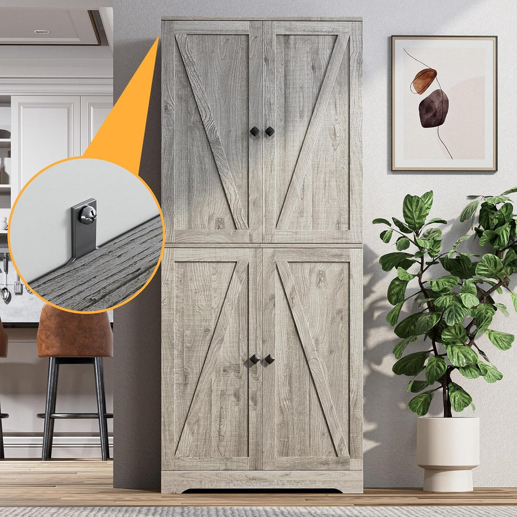 LYNSOM Farmhouse Storage Cabinet with 4 Barn Doors and Adjustable Shelves, Grey丨72 Tall Pantry Cabinet, Freestanding Buffet Cupboards Sideboard for Kitchen, Dining Room, Livingroom