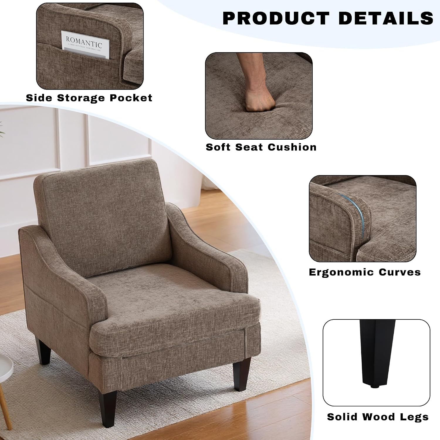 Accent Chair for Living Room,Mid-Century Arm Chair Chenille Fabric Living Room Chairs,Upholstered Reading Chair for Bedroom,Single Sofa Chair with Wood Legs for Apartment (Brown)