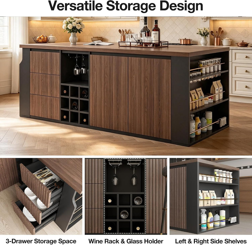 71" Kitchen Island with 3 Drawers, Wine Rack & Side Storage,Walnut | Dual-door cabinet, adjustable shelves. Glass holders & side rack for storage. Durable, wear-resistant top. Fits dining & prep
