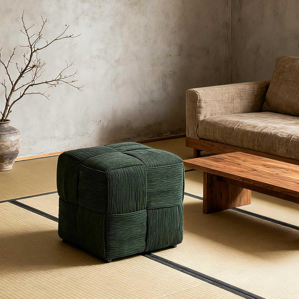 Green Cube Ottoman, Foot Rests Pouf Soft and Comfortable Corduroy Woven Design, Foot Rest for Couch for Living Room, Bedroom, Square Pouf Ottoman 14.2" (Green)