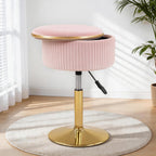 LITZFUR Adjustable Vanity Stool with Storage, 360° Swivel Gold Chair, Velvet Small Round Ottoman Footrest for Bathroom, Makeup Room, Pink