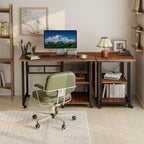 Funecy Folding Desk with Storage Shelf, Writing Office Computer Desk, 42.5 Inch Multi-Purpose Folding Dining Table, Mobile Table with Wheels (Brown)