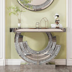 SSLine Mirror Console Table for Living Room 43" Modern Mirrored Entryway Table with Crystal 3-Ring Shape Base Luxury Silver Foyer Tables for Entryway Hallway