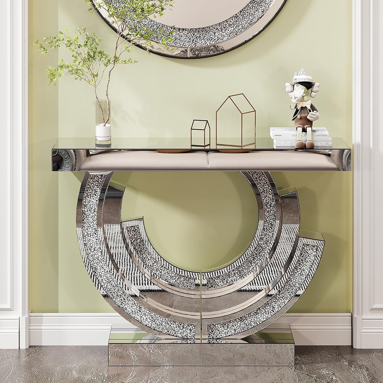 SSLine Mirror Console Table for Living Room 43" Modern Mirrored Entryway Table with Crystal 3-Ring Shape Base Luxury Silver Foyer Tables for Entryway Hallway
