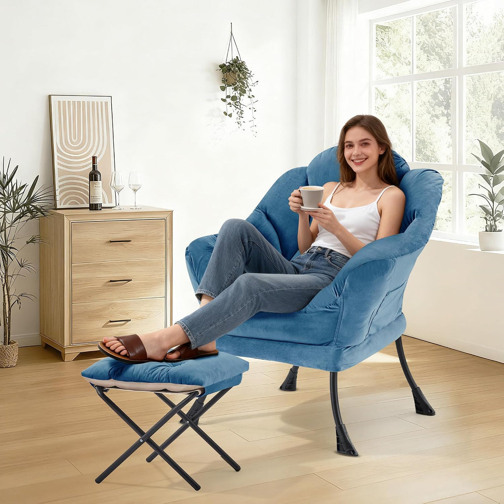 SAETSFEG Lazy Chair with Ottoman, Modern Accent Lounge Chair with Side Pocket and Armrests, Cozy Reading Armchair with Footrest, Upholstered Sofa Chair for Small Spaces, Bedroom Living Room, Blue