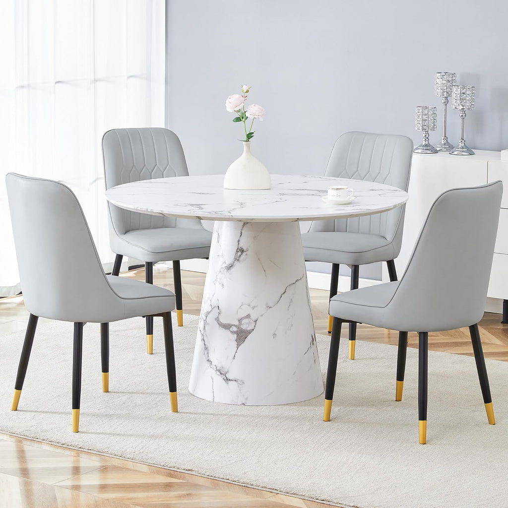 JUFU Round Dining Table Set for 4, 45" Modern Faux Marble Kitchen Table and Upholstered Chairs, 5 Piece Small Circle Dinette Set for Dining Room, Kitchen