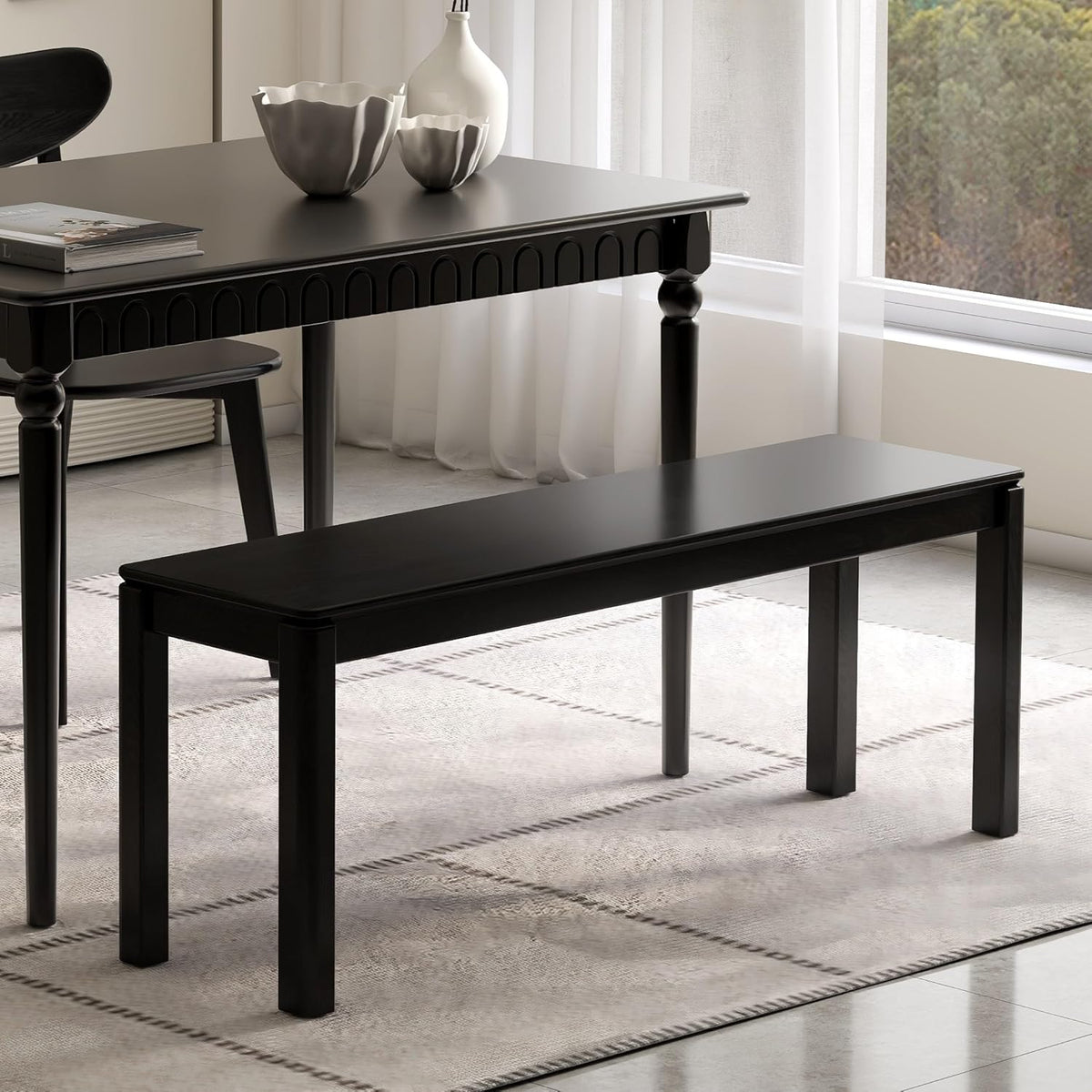 47.2'' 100% Solid Wood Dining Bench, Oak Wood Long Bench for Dining Table, End of Bed, Entryway, Hallway, Sofa Back, Suqare Bench for Dining Room Kitchen Bedroom Living Room, Black