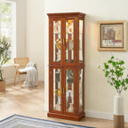 Lighted Curio Cabinet with Tempered Glass Doors, 6 Tiers Curio Diapaly Cabinet with Adjustable Shelves and Mirrored Back Panel, Floor Standing Glass Display Cabinet for Home No Bulb (Walnut)