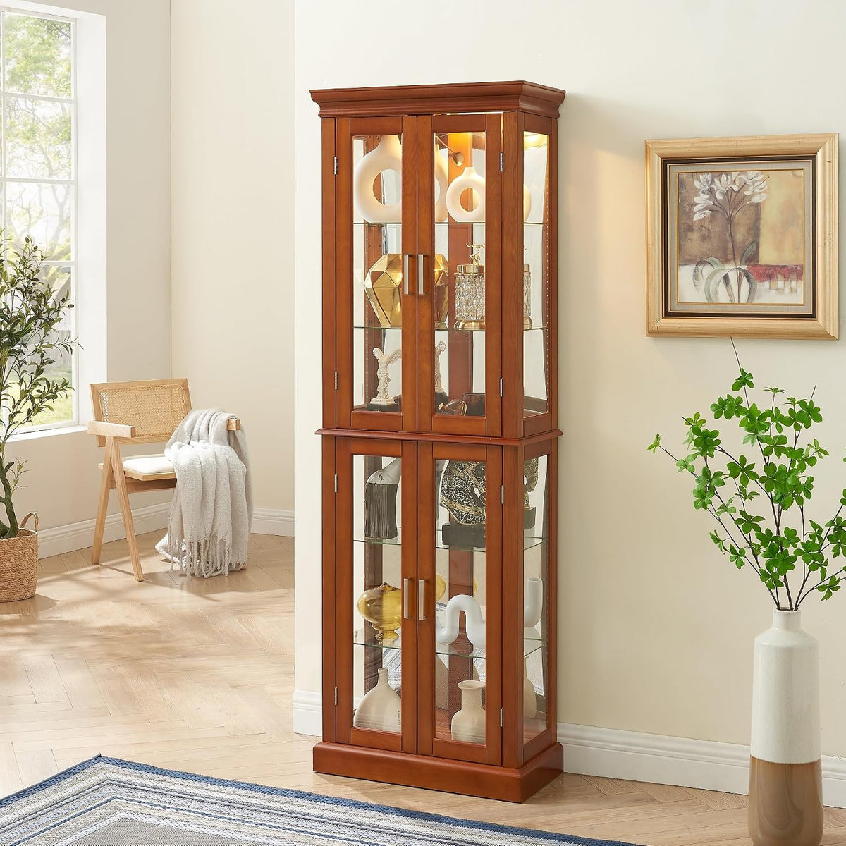 Lighted Curio Cabinet with Tempered Glass Doors, 6 Tiers Curio Diapaly Cabinet with Adjustable Shelves and Mirrored Back Panel, Floor Standing Glass Display Cabinet for Home No Bulb (Walnut)