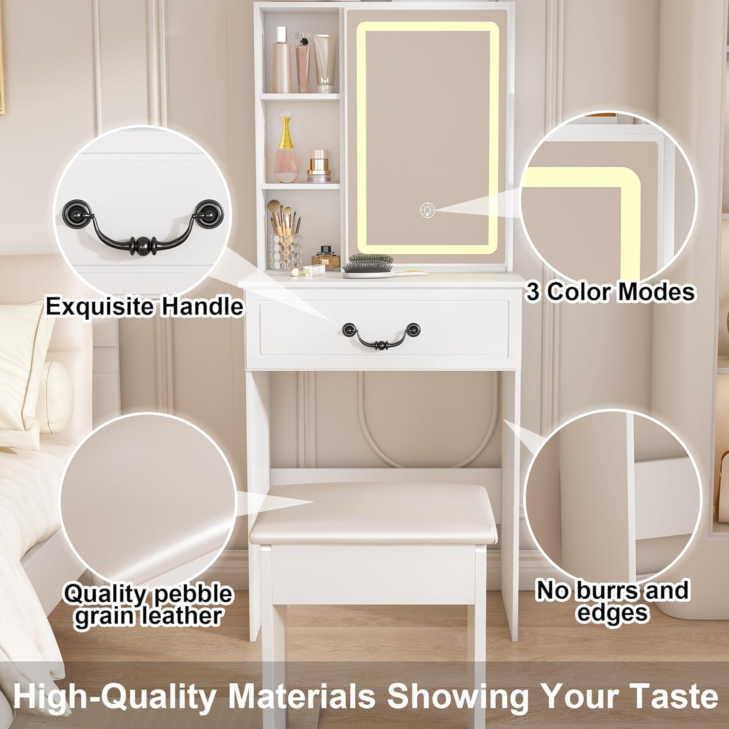 Small Makeup Vanity Desk with Mirror and Lights, Vanity Table Set with Storage Drawer & Open Shelves, 3 Lighting Colors, Adjustable Brightness Mini Makeup Vanity with Stool