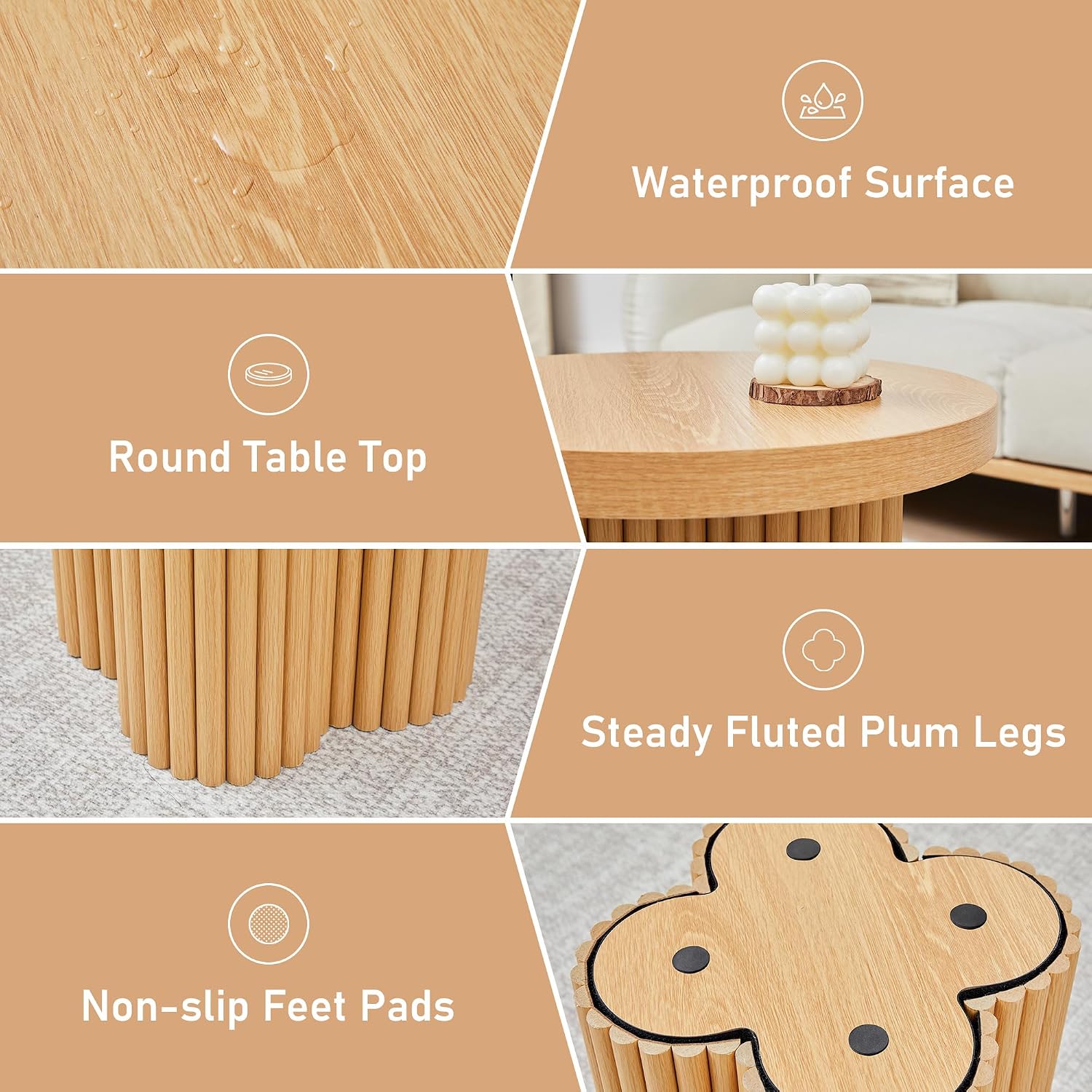 Nesting Coffee Table Set of 3, Fluted Round Nesting Tables Mid Century Modern Coffee Table Boho Wooden Accent End Table Set for Living Room Home Office Small Space