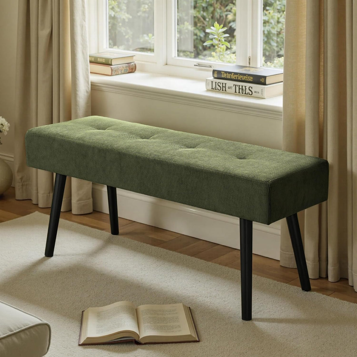 Comfy to go Entryway Bench - Green Bench for Bedroom, Modern Ottoman End of Bed, Corduroy Padded Benches for Living Room, Foyer, Mudroom, Hallway - 39" L x 14" W x 17" H | Corduroy Padded Benches for Living Room, Foyer, Mudroom, Hallway - 39" L x 14" W x