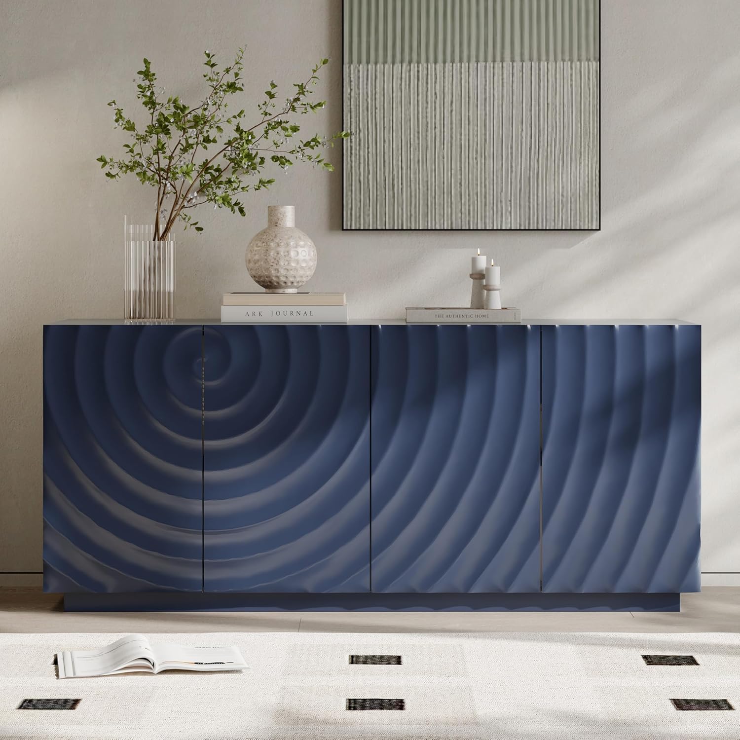 59 Inch Contemporary Sideboard Buffet Table - Navy Blue Ripple Design Storage Cabinet, Accent Console for Kitchen Dining Room, Entryway & Living Room