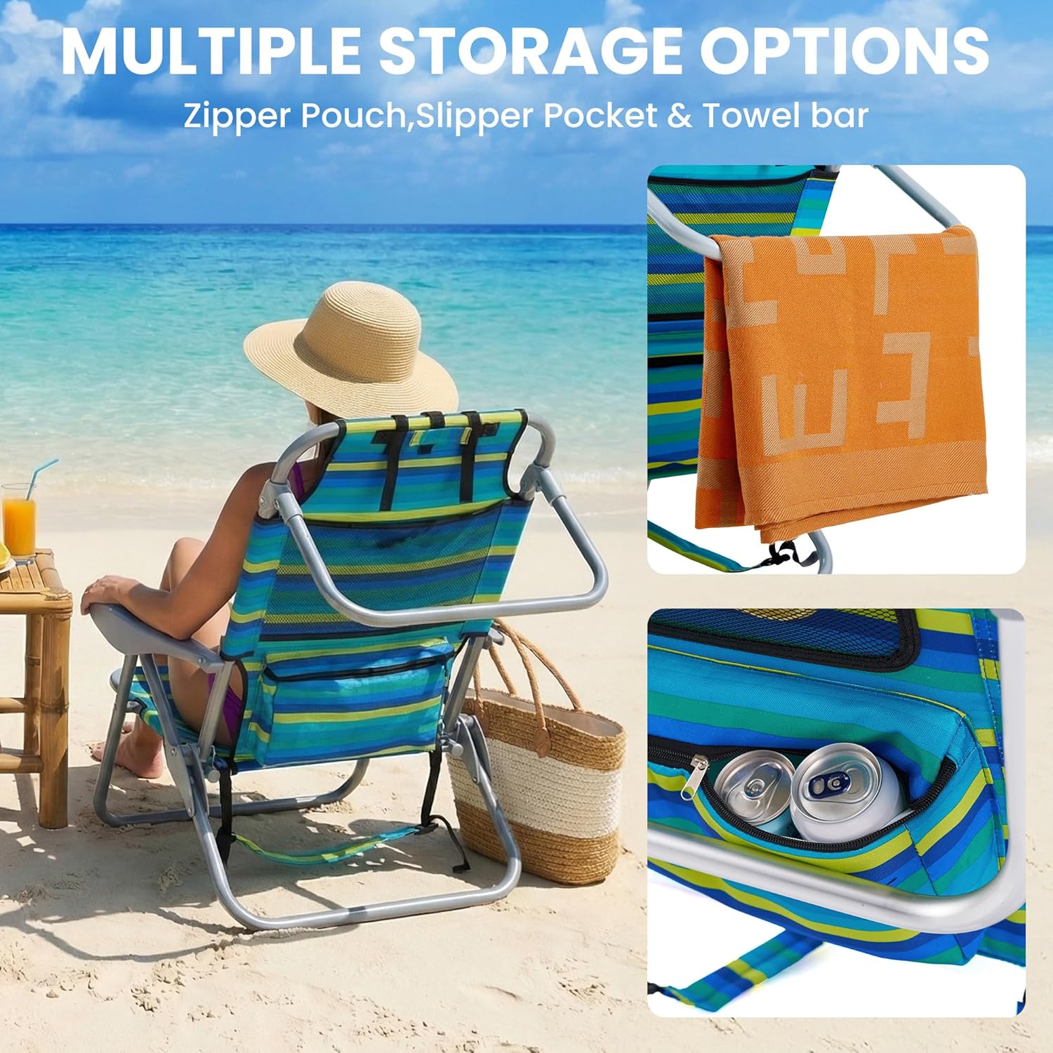 Portable Beach Chair for Adults, Outdoor Lightweight Camping Chair Lay Flat Folding Backpack Beach Reclining Chair with 5 Positions, Headrest, Zipper Pouch, Cup Holder, NEW Striped