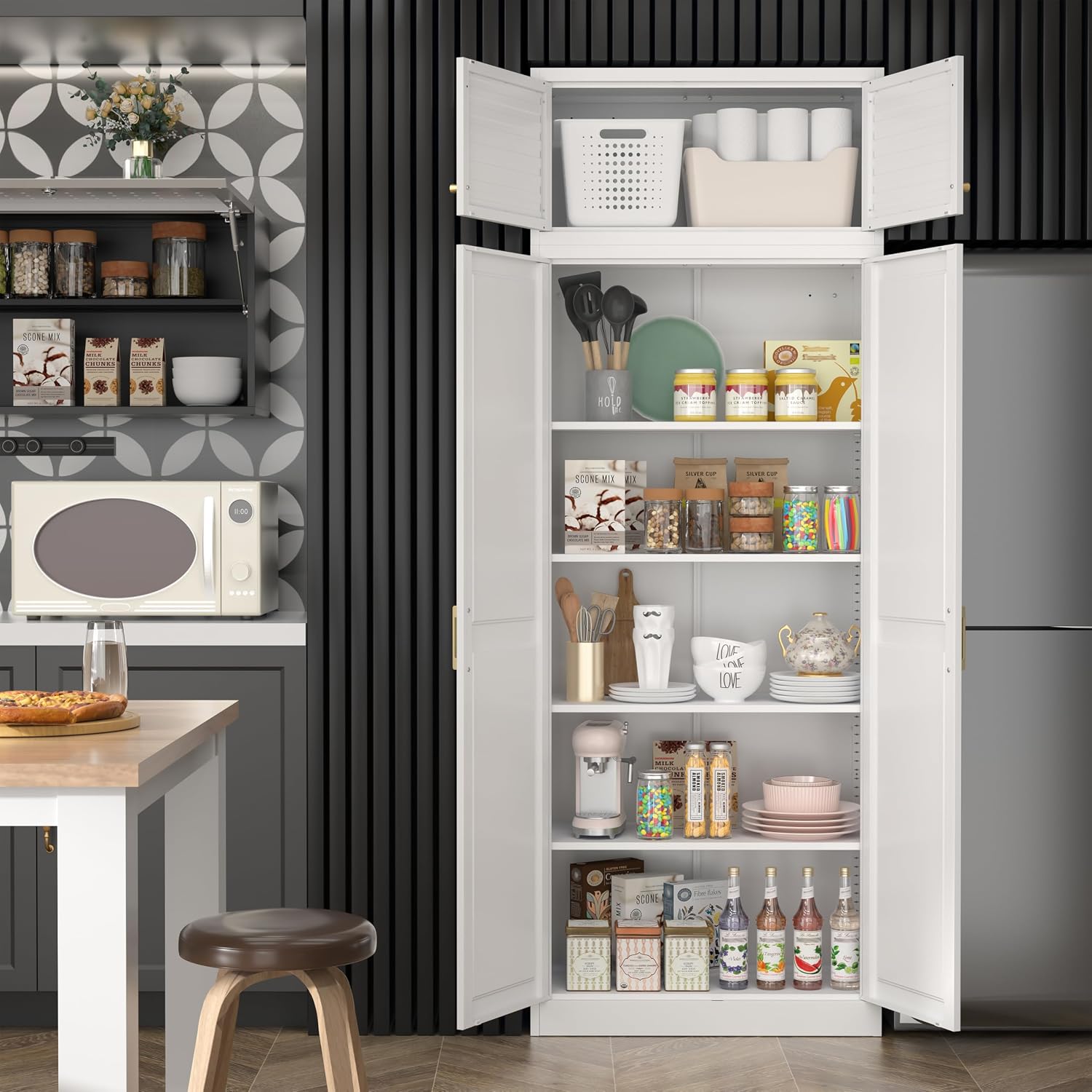 SteeLoong 86“ Kitchen Pantry Cabinet,Metal Storage Cabinets with Doors and 4 Adjustable Shelves,White Kitchen Cabinet with 4 Gold Handles,Tall Cabinet for Livingroom,Pantry, Bathroom