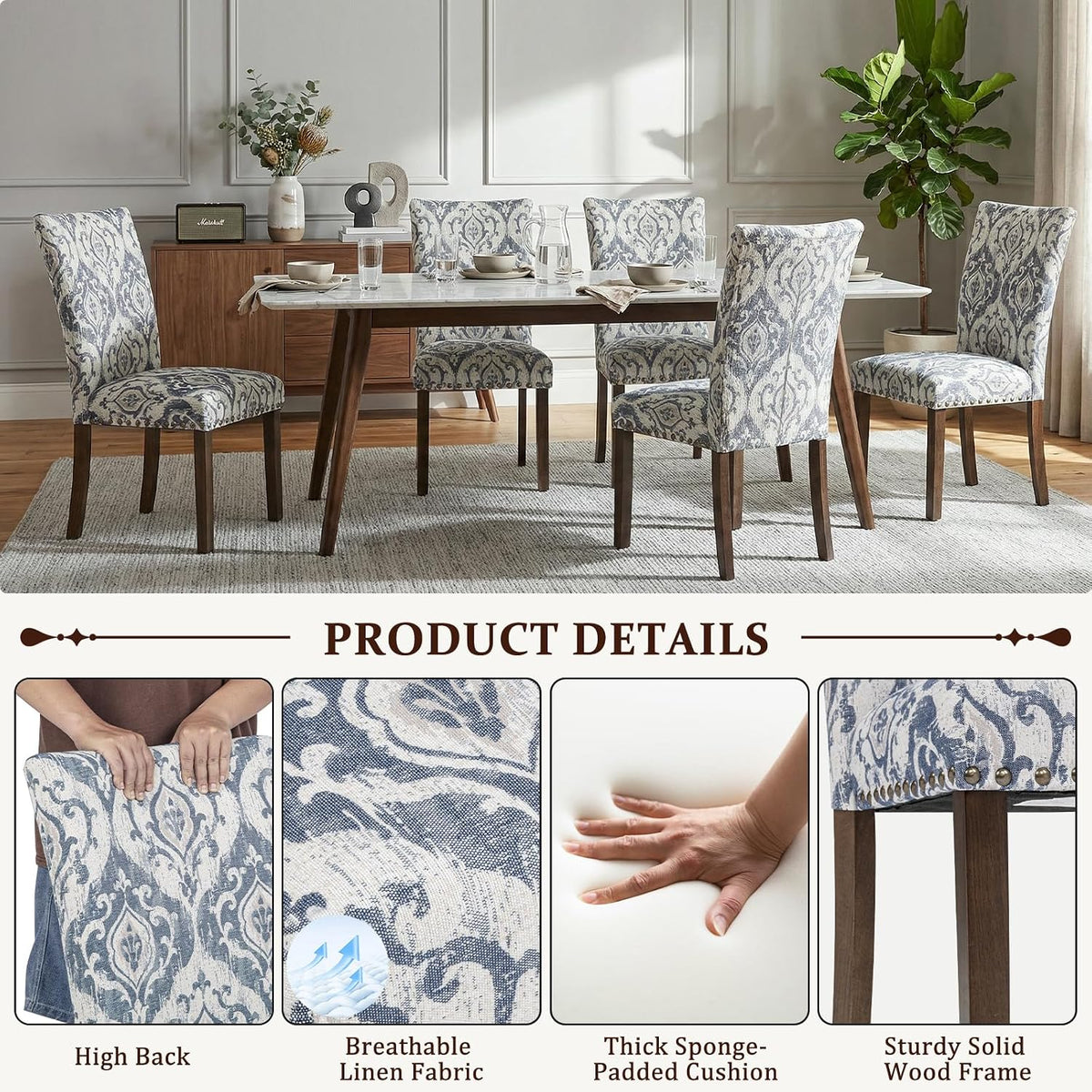 Furniliving Upholstered Dining Chairs Set of 2 - Line Fabric Modern Farmhouse Kitchen Chairs, High-Back Dining Room Chairs with Wooden Legs for Kitchen Dining Room Living Room.Floral Blue