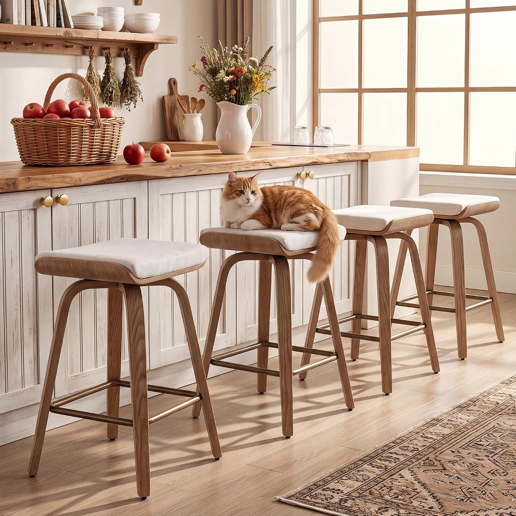 HNY 26" Swivel Bar Stools Set of 4, Backless Counter Height Bar Stools with Removable Linen Cushion, 360° Swivel Wooden Saddle Stools with Footrest for Kitchen Island, Home Bar & Small Spaces