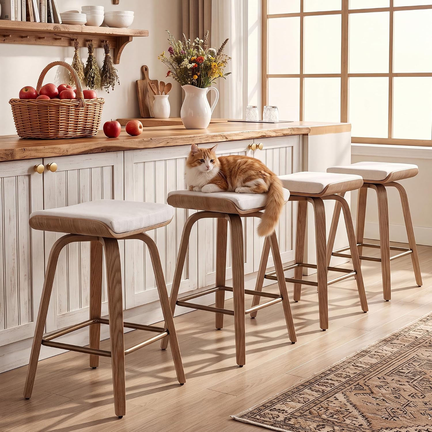 HNY 26" Swivel Bar Stools Set of 4, Backless Counter Height Bar Stools with Removable Linen Cushion, 360° Swivel Wooden Saddle Stools with Footrest for Kitchen Island, Home Bar & Small Spaces