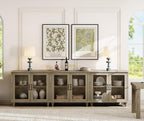 WAMAPT Farmhouse Sideboard Credenza with 6 Glass Doors, Large Coffee Bar Table with Adjustable Shelf, Wood Kitchen Storage Cabinets, Modern Buffet Cabinet for Dining Room, Grey, 101"