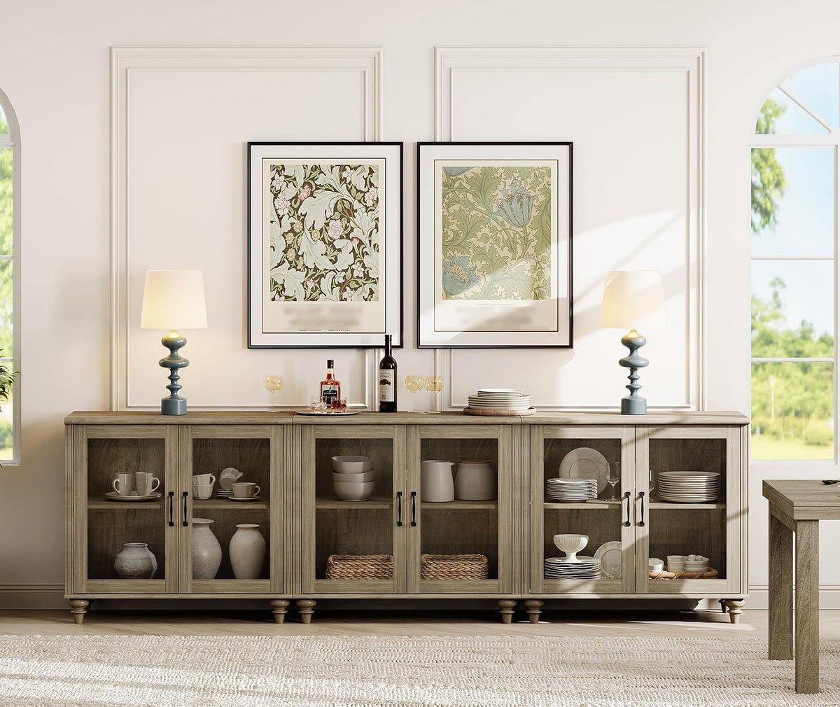 WAMAPT Farmhouse Sideboard Credenza with 6 Glass Doors, Large Coffee Bar Table with Adjustable Shelf, Wood Kitchen Storage Cabinets, Modern Buffet Cabinet for Dining Room, Grey, 101"