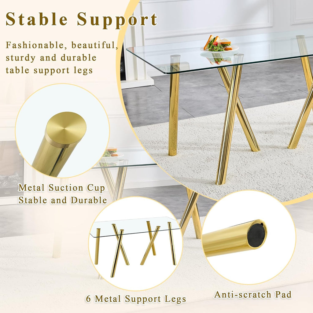 71" Glass Gold Dining Table for 6-8, Modern Dining Room Table with 0.39" Tempered Glass Top and 6 Metal Round Tube Legs, Rectangle Kitchen Dinner Table for Dining Room
