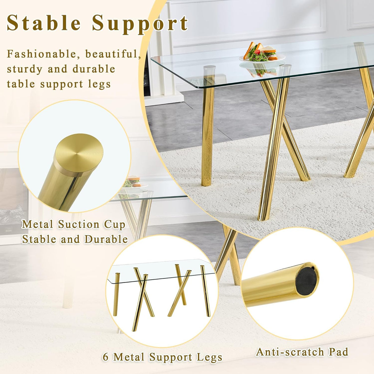 71" Glass Gold Dining Table for 6-8, Modern Dining Room Table with 0.39" Tempered Glass Top and 6 Metal Round Tube Legs, Rectangle Kitchen Dinner Table for Dining Room
