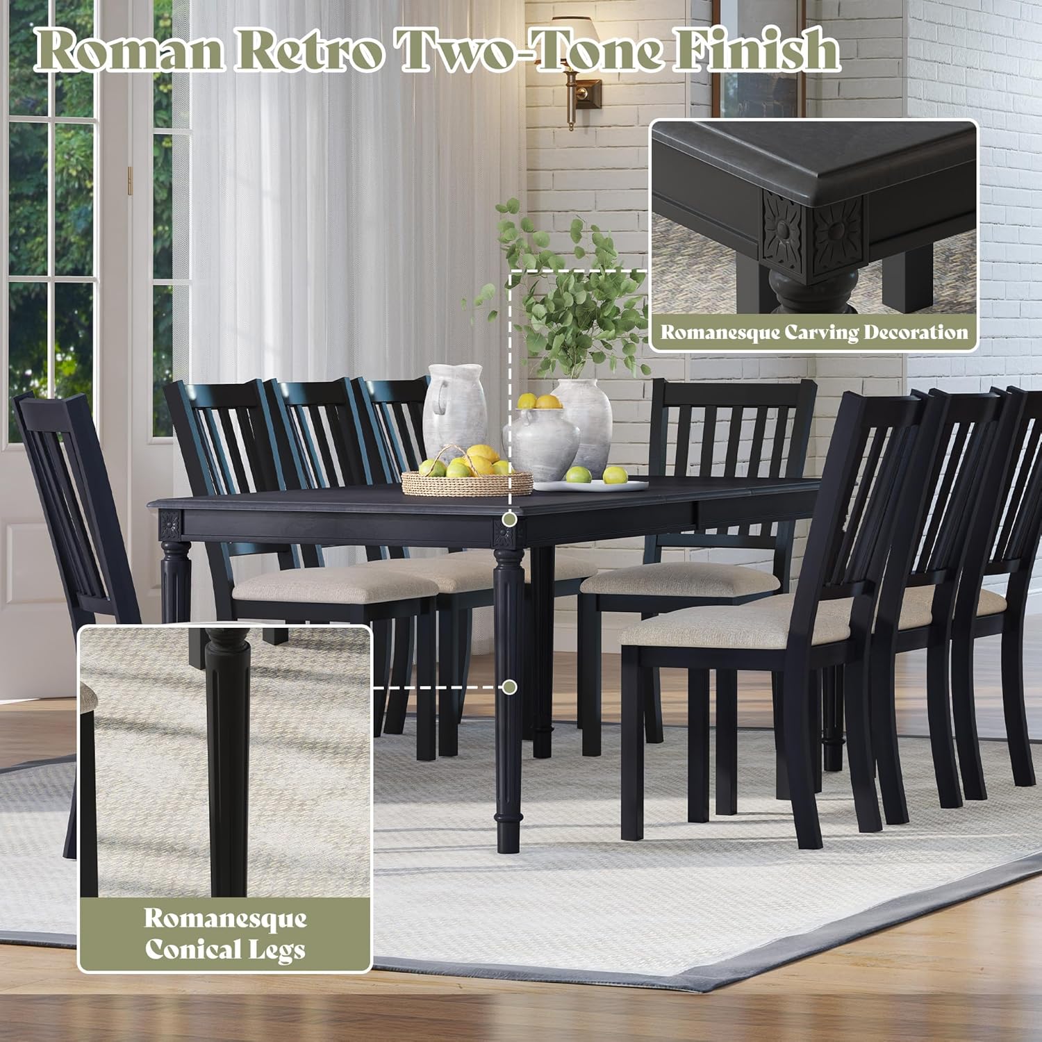 AMERLIFE 79 Inch Farmhouse Dining Table for 6 to 8, Large Rectangular Solid Wood Kitchen Dining Table with Roman Conical Legs, Rustic Dining Room Table for Family Gatherings, Grey