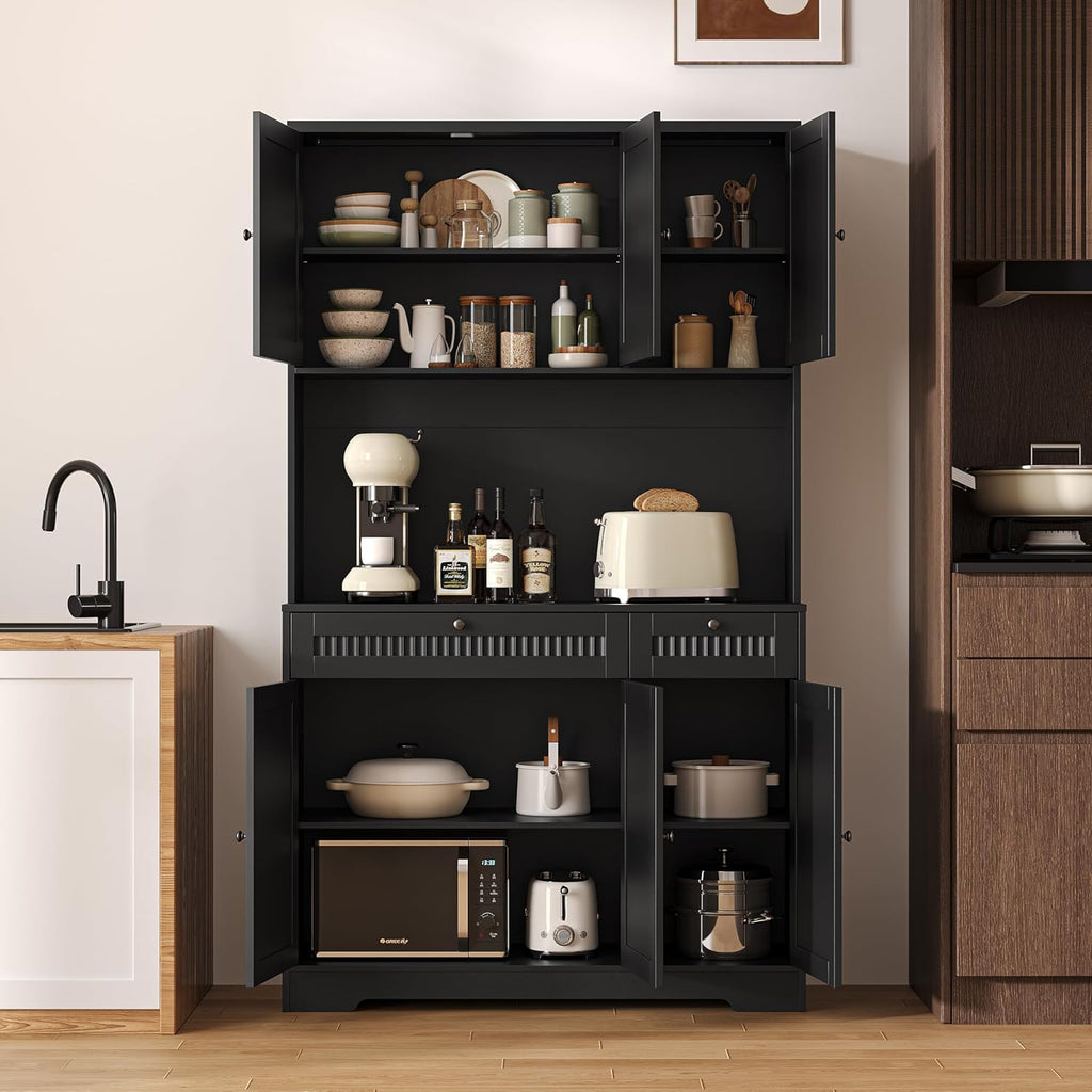 Pantry Storage Cabinet with Charging Station, Kitchen Storage with Adjustable Shelves, Food Pantry Cabinet with Coffee Bar Storage, Modern Kitchen Cupboard for Dining Room, Living Room, Black