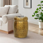 Kvira 21 Inch Round Drum Side End Table, Artisan Hammered Embossed Texture, Antique Gold Brass Finish, Modern Accent Table for Living Room, Bedroom, Entryway and Home Decor Display