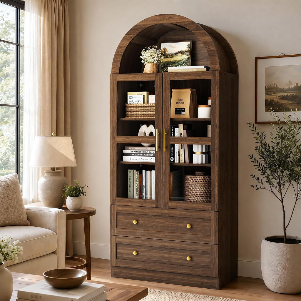 Pamapic Arched Kitchen Pantry Cabinet, 71" Tall Arched Cabinet with Acrylic Doors, Farmhouse Kitchen Storage Cabinet with 2 Large Drawers, Wooden Pantry for Dining Room, Living Room (Brown)