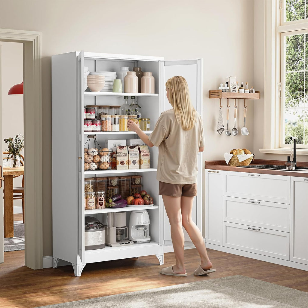Yizosh Metal Pantry Cabinet, 75" Kitchen Pantry with 2 Door and 4 Adjustable Shelves,White Metal Pantry Storage Cabinet,Cupboard for Kitchen,Dining Room,Living Room and Bathroom
