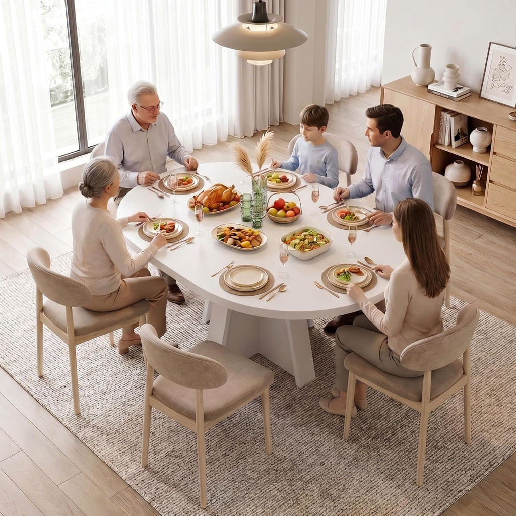 iPormis 43.3in-59in Extendable Round Dining Table for 4-6, Modern Wooden Kitchen Table for Dining Room, Adjustable Size Oval Circle Dinner Tables Furniture for Kitchen Living Room, White
