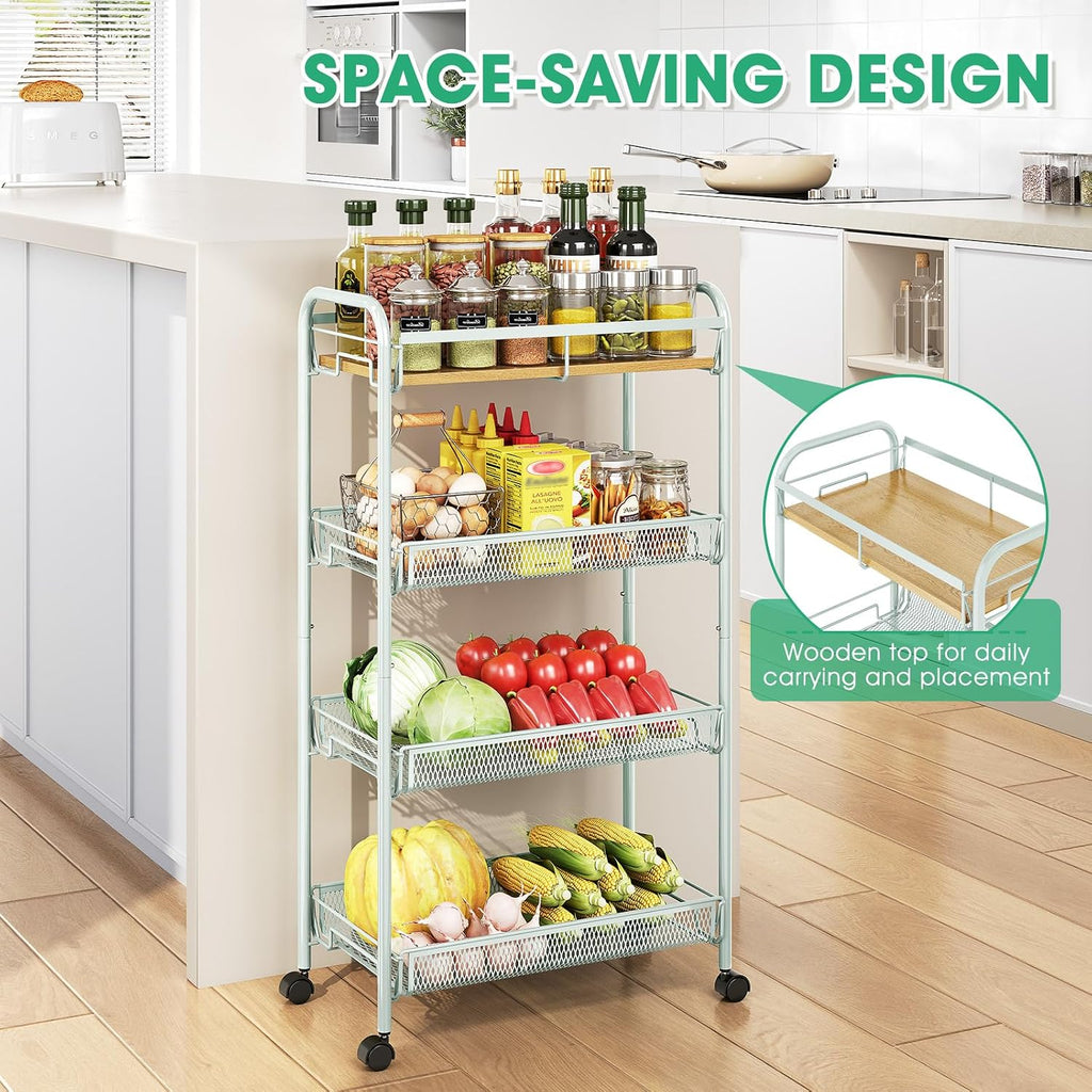 TOOLF 4-Tier Rolling Cart, Metal Utility Cart, Slide Out Storage Cart with Wooden Tabletop and Mesh Baskets for Narrow Space on Kitchen Bathroom Laundry Room Bedroom Apartments Dormitory (Green, Wide)