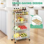 TOOLF 4-Tier Rolling Cart, Metal Utility Cart, Slide Out Storage Cart with Wooden Tabletop and Mesh Baskets for Narrow Space on Kitchen Bathroom Laundry Room Bedroom Apartments Dormitory (Green, Wide)