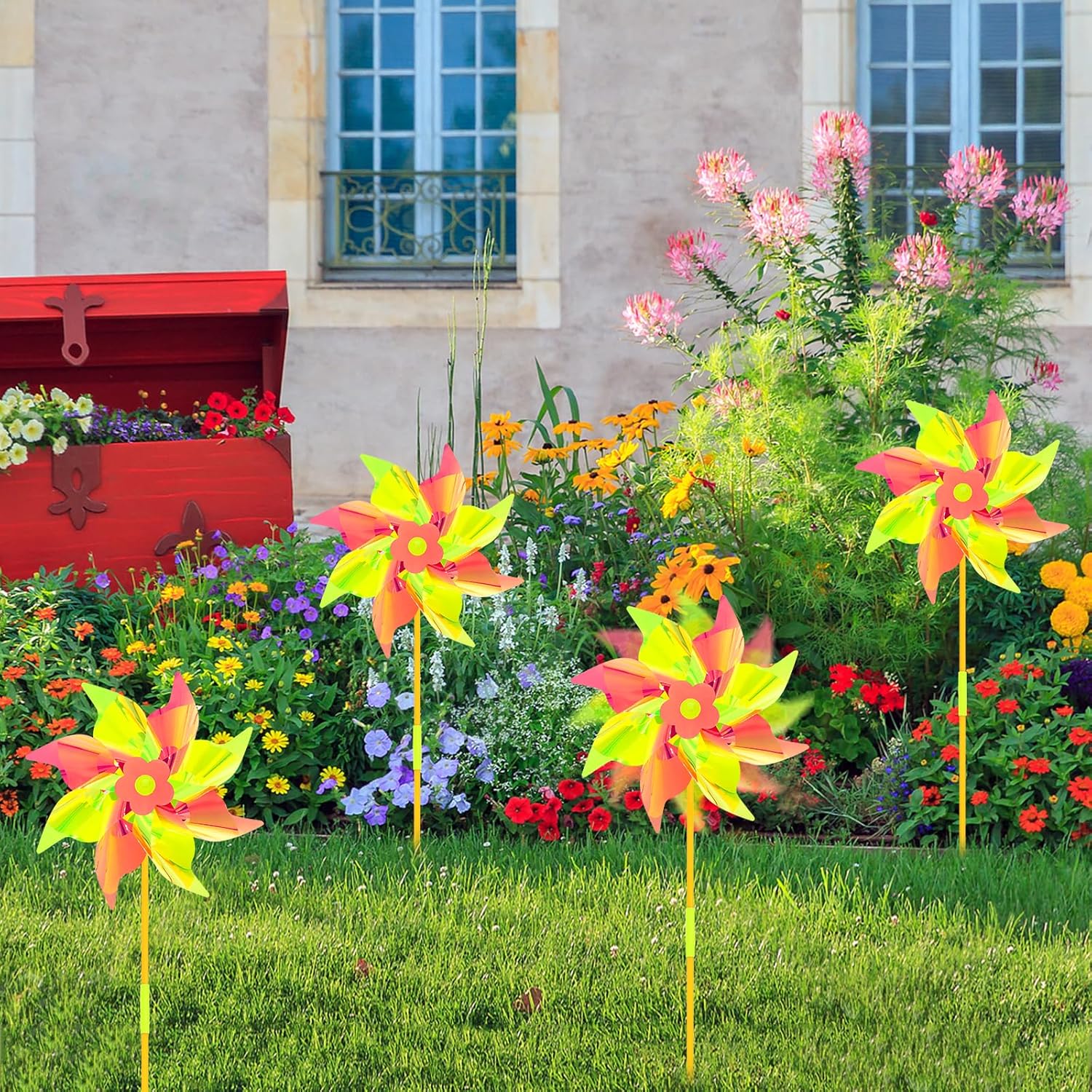 6 Pcs Reflective Pinwheels Wind Spinner for Yard and Garden, Decorative Windmill Toy Pinwheel for Kids, Colorful Garden Wind Spinners Outdoor Party Decorations, Pinwheels to Scare Birds Away