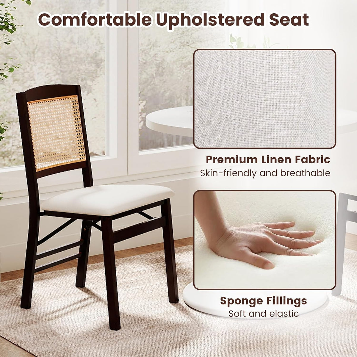 KOTEK Folding Dining Chairs Set of 4, Wooden Kitchen Chairs with Padded Seat & Rattan Backrest, Foldable Armless Side Chairs for Dining Room, Living Room (Espresso & Beige)
