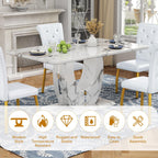 Modern Faux Marble Dining Table Set for 4, 63" White Rectangular Kitchen Table with Elegant U-Shaped Pedestal Base & 4 Tufted Upholstered High-Back Chairs, Luxury 7-Piece Dining Room Furniture Set