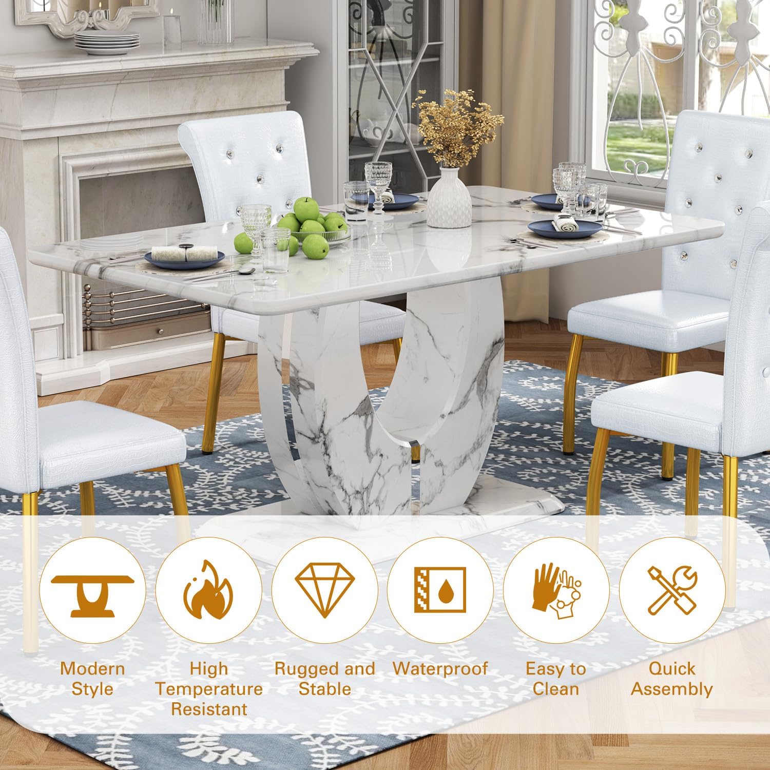 Modern Faux Marble Dining Table Set for 4, 63" White Rectangular Kitchen Table with Elegant U-Shaped Pedestal Base & 4 Tufted Upholstered High-Back Chairs, Luxury 7-Piece Dining Room Furniture Set