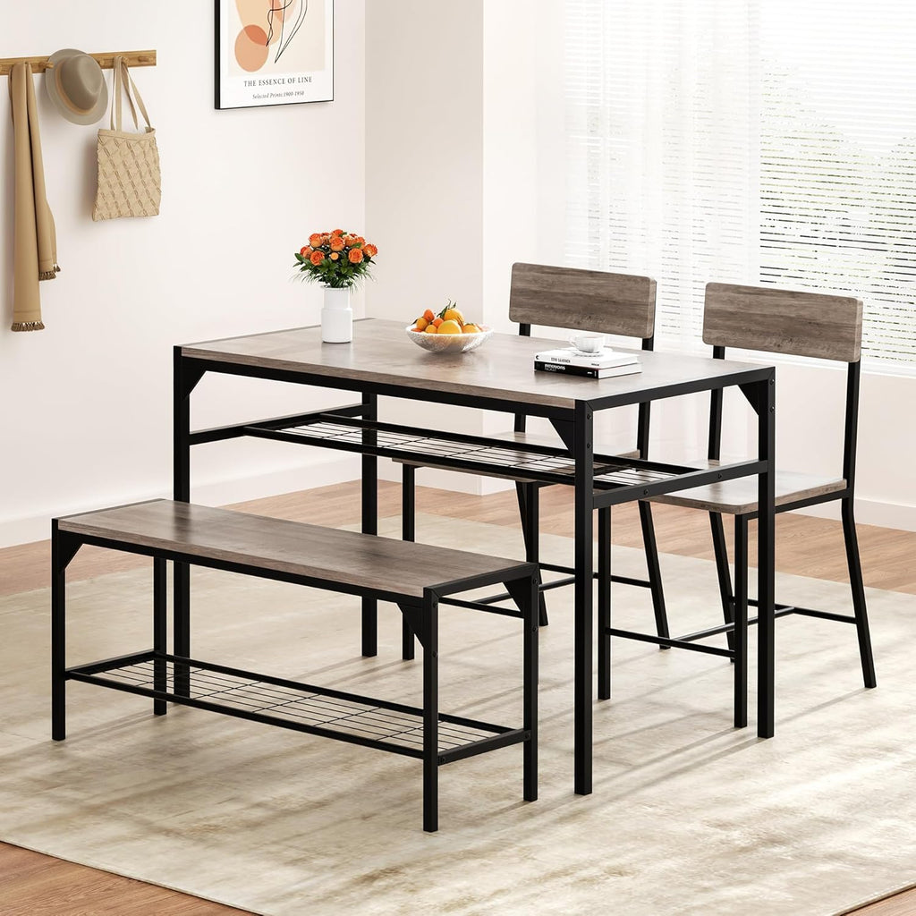 Shintenchi Kitchen Table Chairs Set of 4 with Bench and Chairs, Oak Gray | Dining Table Set for 4, 4 Pieces Kitchen Table Set, Storage Rack & Metal Frame, for Small Space, Upgrated Leg Support