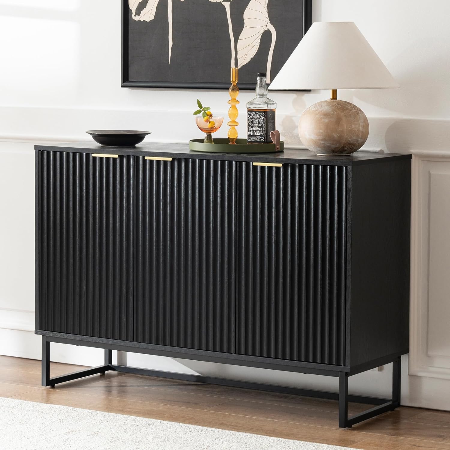 Fluted Storage Cabinet with 3 Doors, Sideboard Buffet Cabinets with Adjustable Shelves, Multifunctional Console Table with Storage Credenza for Living Room, Hallway, Black