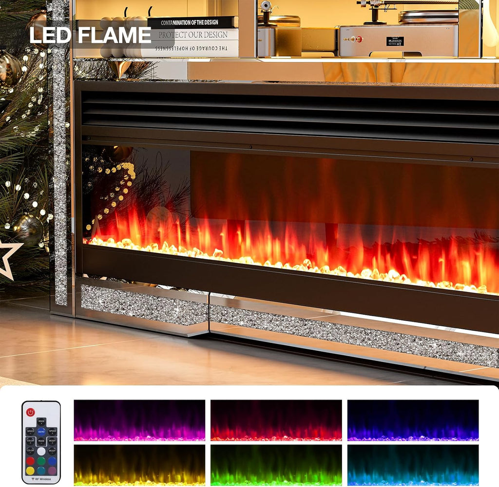 IKIFLY Mirrored Fireplace TV Stand for 65+ inch TV, Silver TV Console Table with Crushed Diamond and LED, Modern Media Entertainment Center for Living Room Remote Control