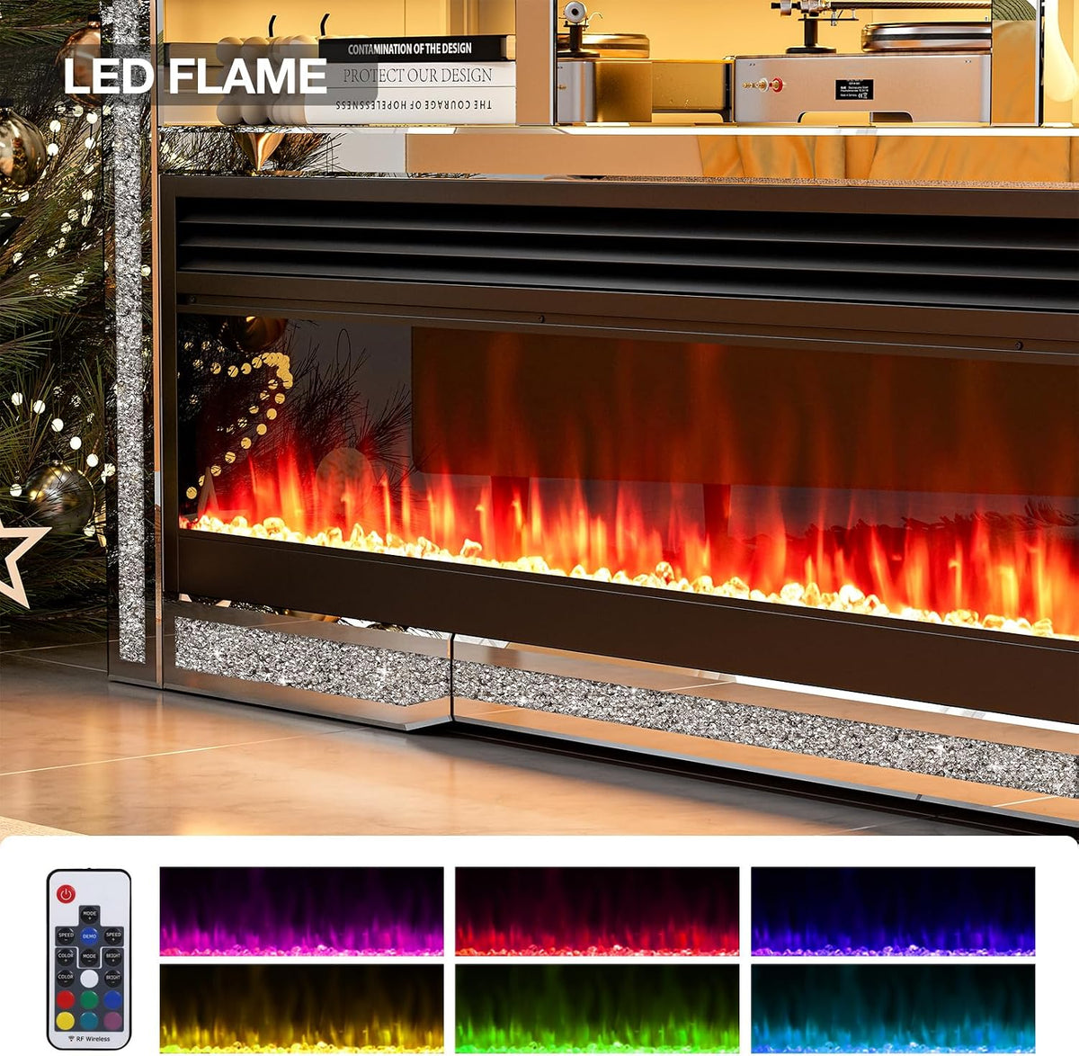 IKIFLY Mirrored Fireplace TV Stand for 65+ inch TV, Silver TV Console Table with Crushed Diamond and LED, Modern Media Entertainment Center for Living Room Remote Control