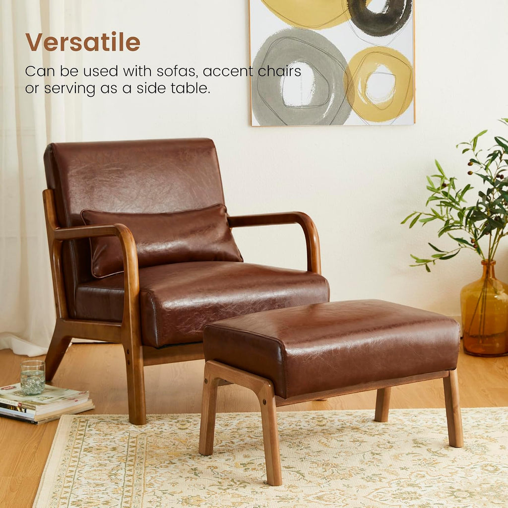 Glitzhome Rectangle Ottoman Bench, Modern Coffee Leatherette Footstool with Walnut Rubberwood Legs for Living Room, Bedroom