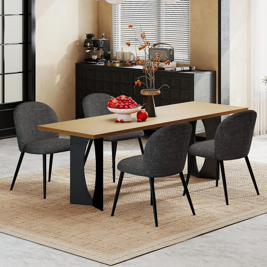 Dining Chairs Set of 2, Upholstered Chenille Dining Room Chairs with Black Metal Legs, Modern Armless Kitchen Chairs with Curved Backrest for Dining Room Kitchen Living Room, Black