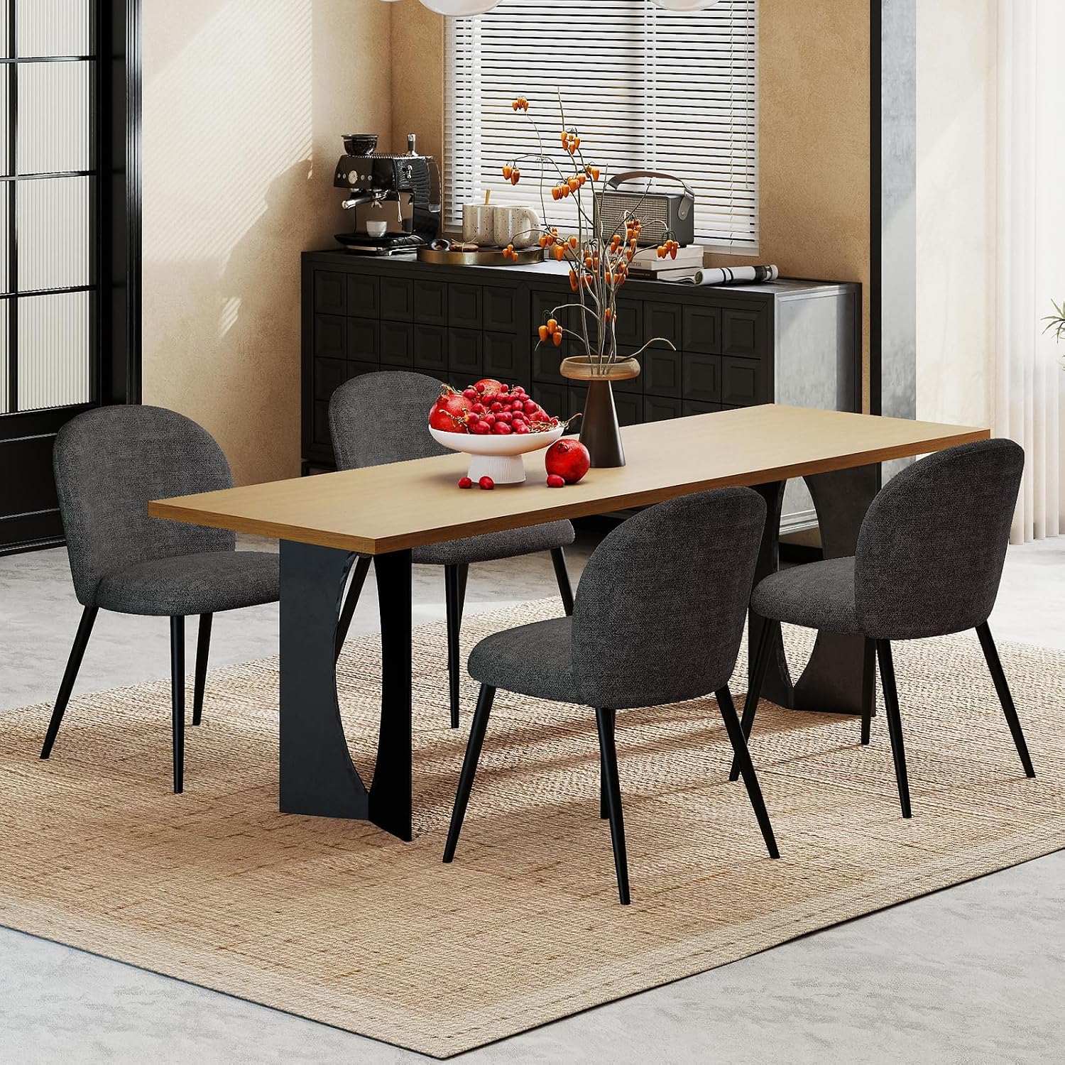 Dining Chairs Set of 2, Upholstered Chenille Dining Room Chairs with Black Metal Legs, Modern Armless Kitchen Chairs with Curved Backrest for Dining Room Kitchen Living Room, Black