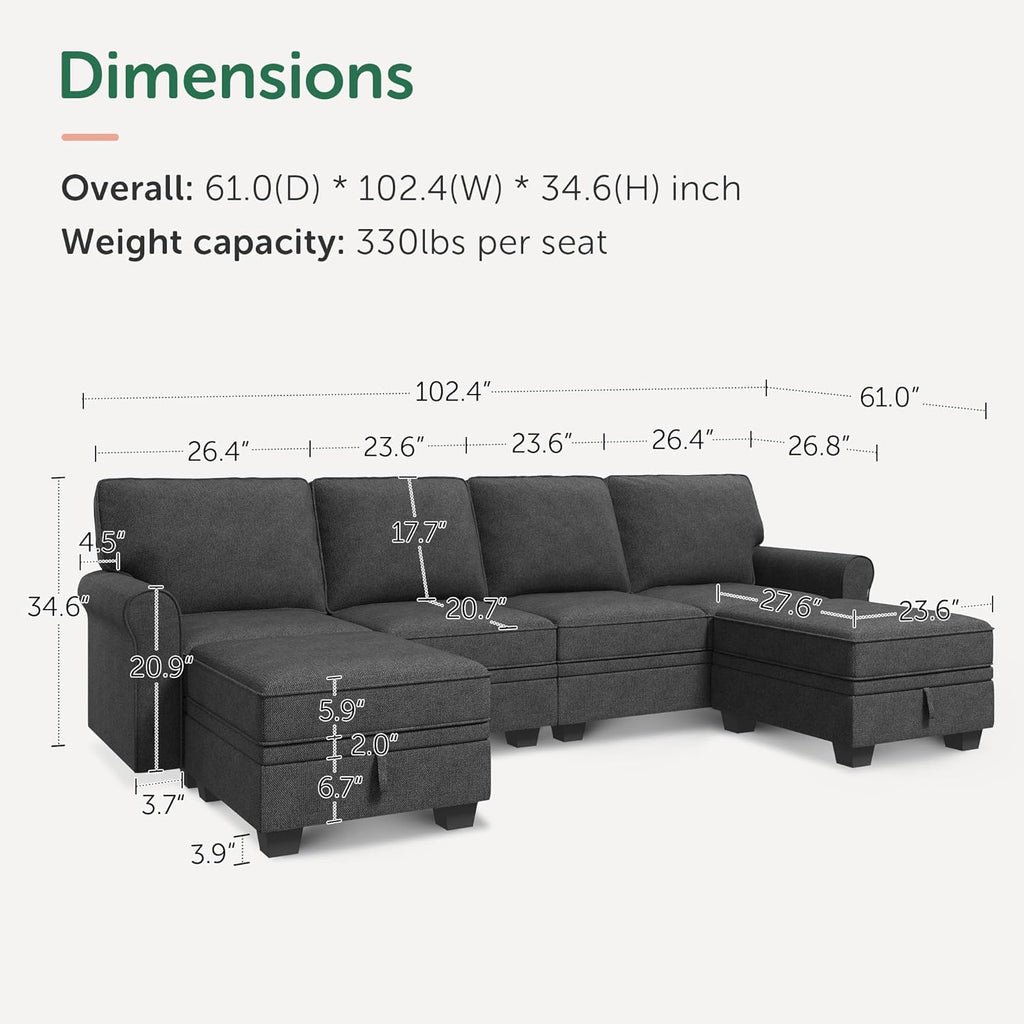 HONBAY Sectional Sofa with Storage Seat U Shaped Couch with Reversible Chaise Convertible Sectional Couches for Living Room,Dark Grey