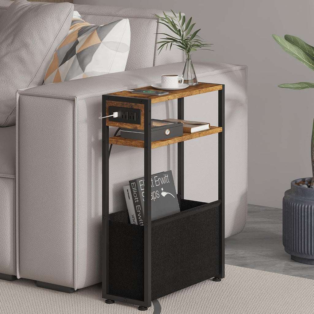 Leomonio Narrow Side Table, Slim End Tables with Fabric Basket, Skinny Table for Small Spaces, Thin Bedside Table for Living Room, Bedroom (1, Rustic Brown - Outlet)
