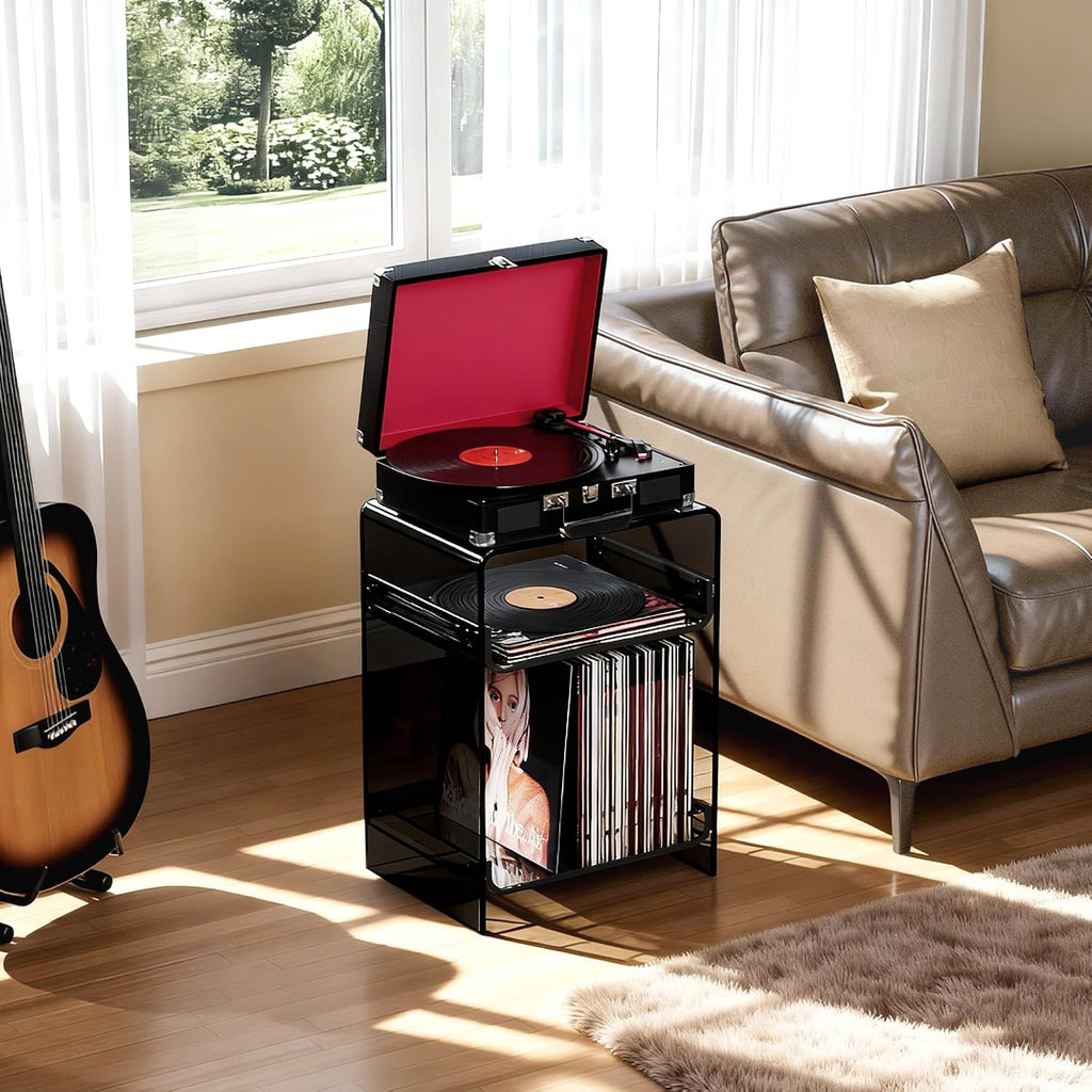 Acrylic Record Player Table with Storage Shelf, Clear Side Table Nightstand (Black, Medium)
