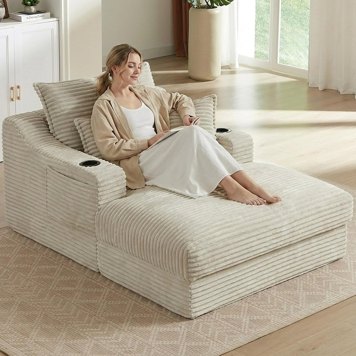 67.7" Chaise Lounge Chair Indoor with Cup Holders & Side Pocket, Oversized Floor Lounger Chairs Indoor with 3 Soft Pillows, Deep Seat Reading Lounge Couch for Living Room, Apartment, Camel