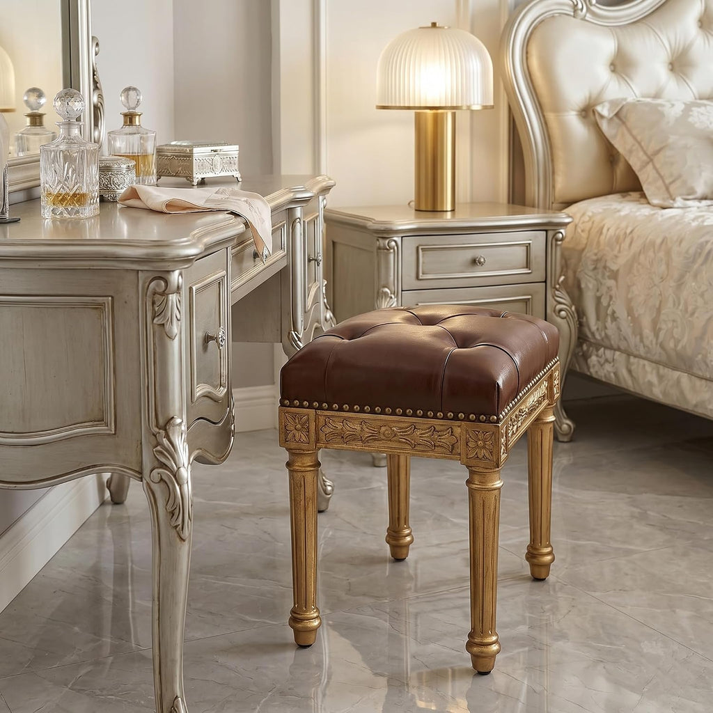 Vanity Stool, French Vintage Square Stool with Cushion, Round Tufted Upholstered for Living Room Dining Room Entryway, Makeup Foot Ottomans